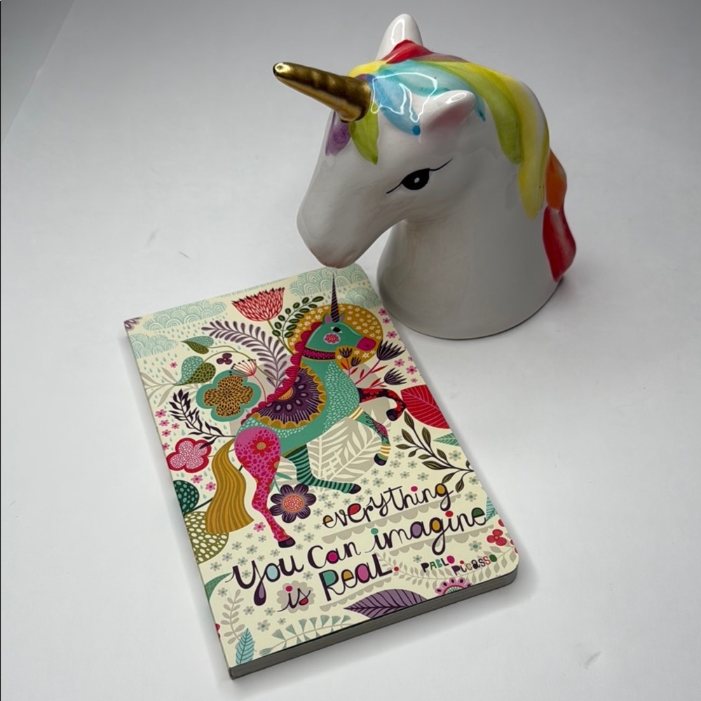 NWOT Colorful Unicorn Bundle Ceramic Figurine and Soft Cover Journal Gift 128 pg
